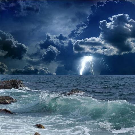 3d Storm Clouds Lightning Wavy Sea Photo Wallpaper For