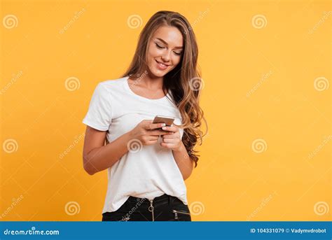 Cheerful Cute Beautiful Young Woman Chatting By Mobile Phone Stock Image Image Of Hand Girl