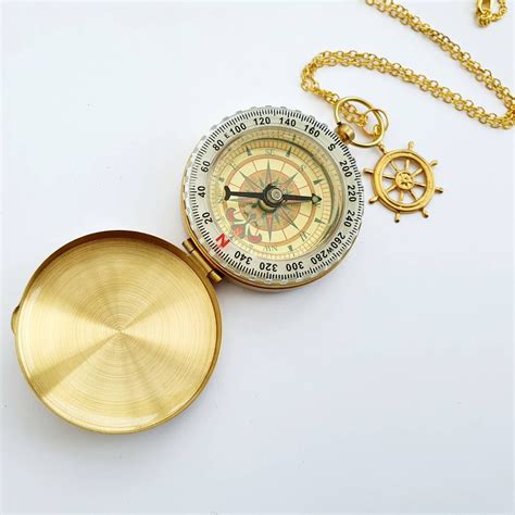 Golden Brass Compass Necklace On Long Gold Chain Nautical Etsy
