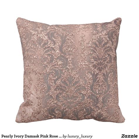 Pearly Ivory Damask Pink Rose Gold Glitter Copper Cushion