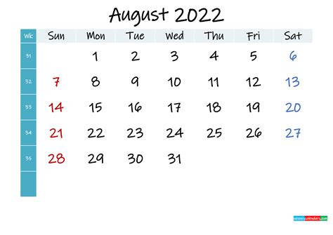 August 2022 Free Printable Calendar Template K22m404