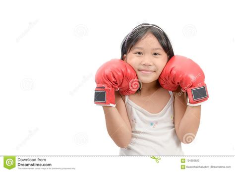 Smile Girl Fighting With Red Boxing Gloves Isolated Stock Image Image