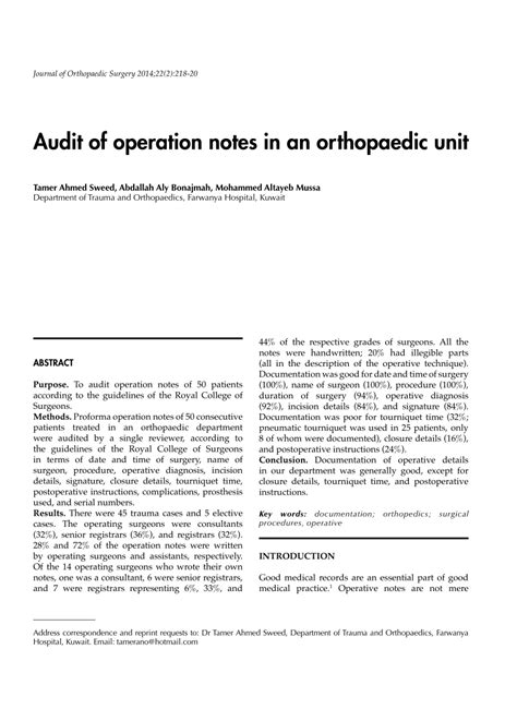 Pdf Audit Of Operation Notes In An Orthopaedic Unit