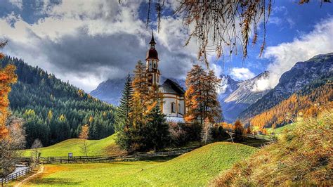 1080p Free Download Church In Austrian Mountains Clouds Sky Treea
