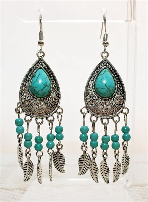 Turquoise And Feathers Chandelier Dangle Earrings Boho Jewellery