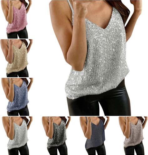 Womens Glitter Strappy Tank Tops Ladies Sexy Cami Swing Vest Clubwear Clothing