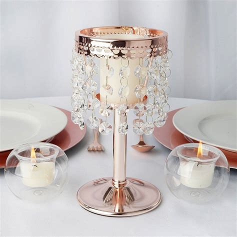 Blush Rose Gold Crystal Beaded Chain Votive Tealight Candle Holder With Metal Stand