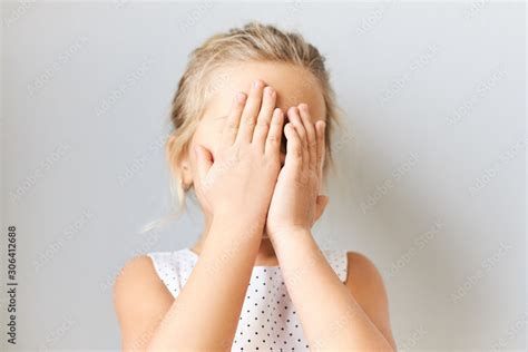 Shy Timid Little Girl Covering Face Feeling Scared Embarrassed Female