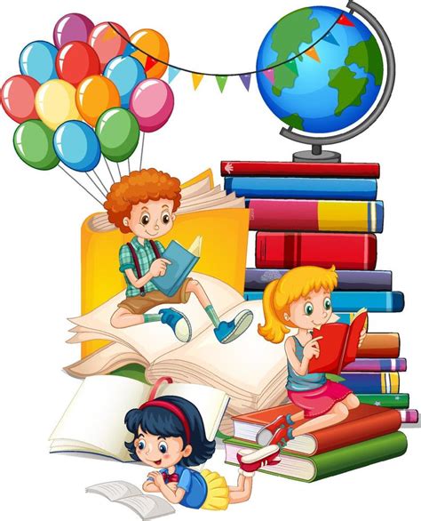 Tres Niños Están Leyendo Libros En Una Pila De Libros 7092887 Vector En