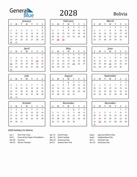 2028 Bolivia Calendar With Holidays