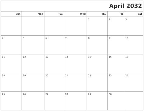 April 2032 Calendars To Print