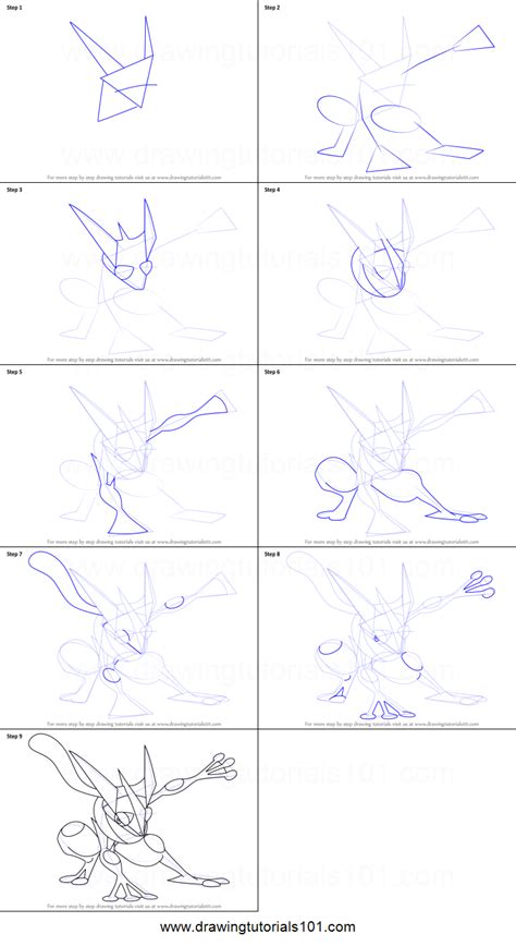 Now draw up a protruding ear, complete the shape of the head and a horn protruding from the foretop. How to Draw Greninja from Pokemon printable step by step ...