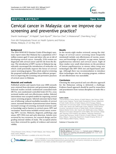 Pdf Cervical Cancer In Malaysia Can We Improve Our Screening And