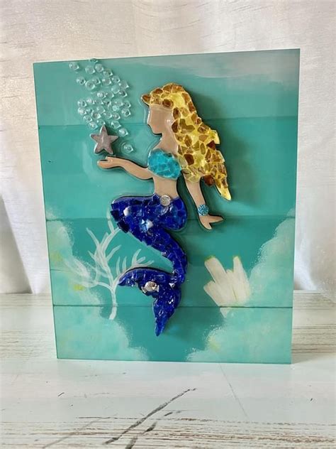 Glass Mermaid On The Reef Etsy Mermaids On Wood Mermaid Glass Sea Glass Art