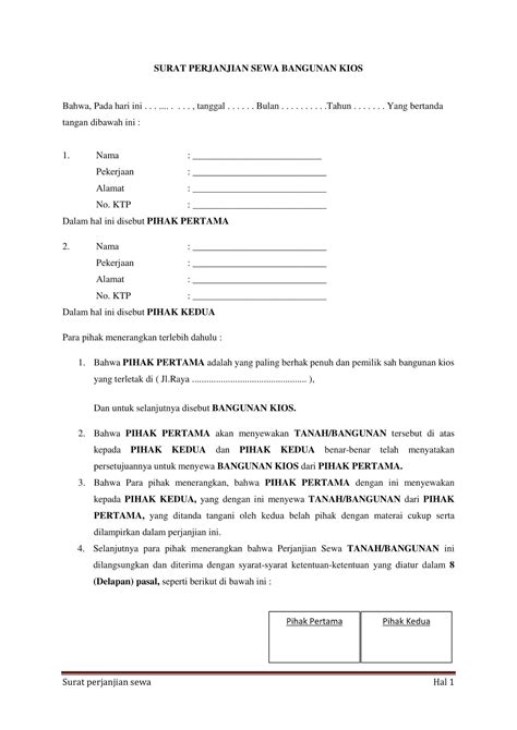 Yang bertanda tangan di bawah ini sebagai pihak pertama atau pemilik rumah SURAT PERJANJIAN SEWA BANGUNAN/KIOS - Catatan Digital