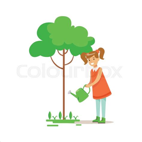 Girl Watering Tree Helping In Stock Vector Colourbox
