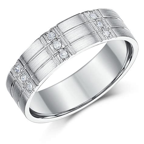 6mm Men S Silver Diamond Ring Flat Court Grooved Diamond Band