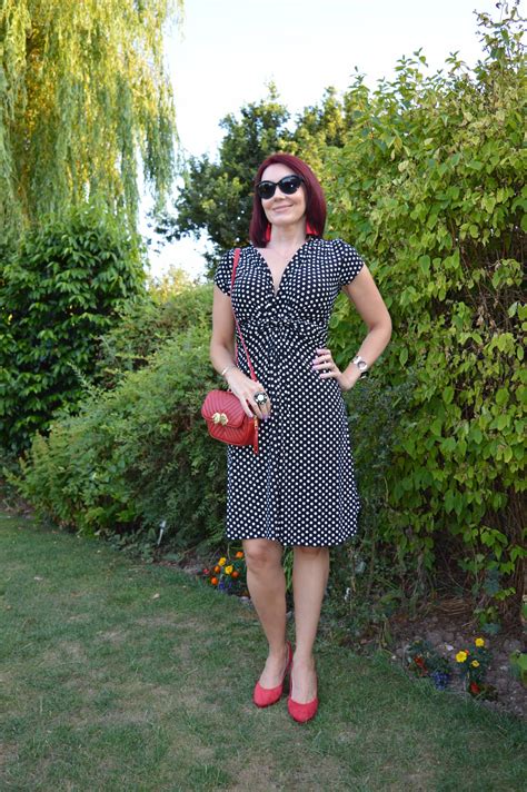 Black And White Polka Dot Dress With Red Accessories Link Up