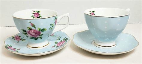 BTaT Floral Tea Cups And Saucers Set Of 2 Blue 8 Oz Gold Trim Roses