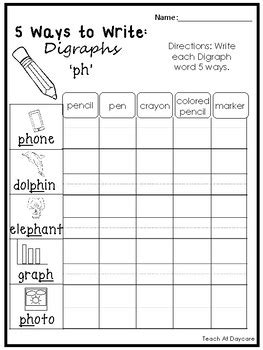 ways  write digraphs worksheets  pages kindergarten st grade ela