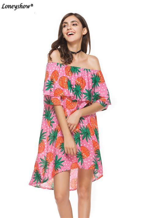 Loneyshow Summer 2018 Off Shoulder Sexy Print Loose Dress Slash Neck Pineapple Dress Women In