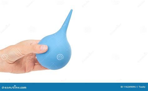 Weibliche Hand Die Blaue Klistier Ot Spritzenbirne Hält Getrennt Auf Weißem Hintergrund