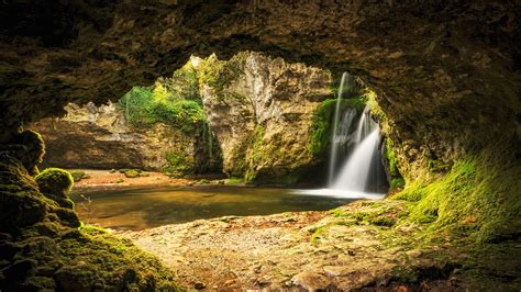 Photo Switzerland Venoge Caves Nature Waterfalls Moss 2560x1440