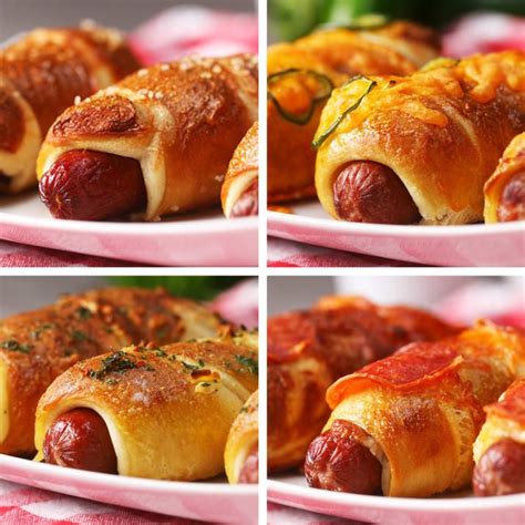 Soft pretzel for supper anyone? You Should Eat These Pretzel Dogs Four Ways FOR DAYS | Hot dog recipes, Dog recipes, Cooking