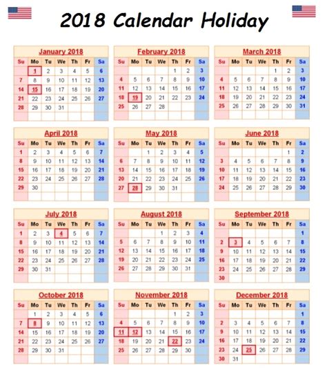 2018 Calendar With Holidays United States Calendar 2018