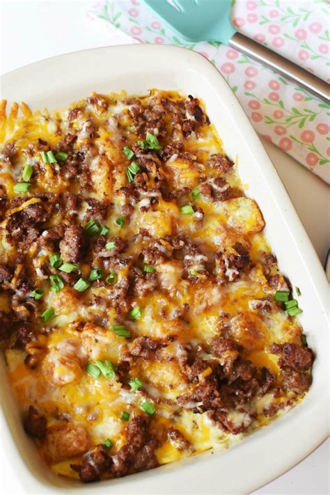 Add the corn, carrots, black beans, and 2 cups (600 g) of cauliflower and cook, stirring often, for another 3 minutes, until the corn starts to brown. Easy & Cheesy Tater Tot Casserole with Breakfast Sausage | Recipe | Breakfast casserole recipes ...