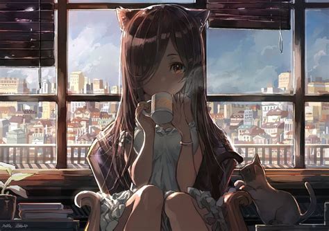 Brown Haired Girl Drinking Coffee Animated Character