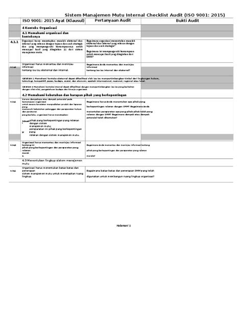 Materi kertas kerja internal audit laporan audit mutu internal merupakan keharusan dalam pelaksanaan audit mutu internal, namun banyak pihak yang belum. Contoh Checklist Internal Audit Iso 9001 2015 Bahasa ...