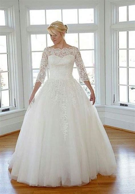 Abendkleid aus spitze und chiffon. Elegante Weiß Brautkleider Große Größe Lang Ärmel Spitze ...