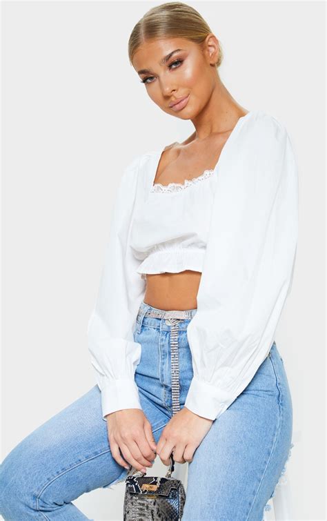 White Cheesecloth Puff Sleeve Crop Top Prettylittlething Ksa