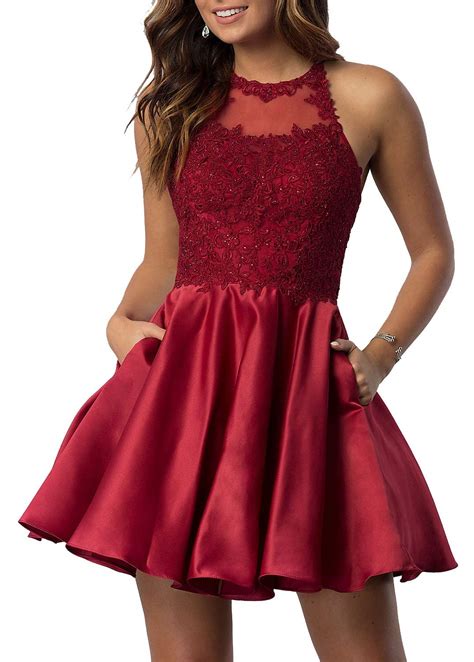 Womans Short Homecoming Dresses For Juniors Lace Halter Neckline With