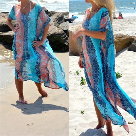 Chiffon Beach Dress Geometric Blue Beachwear Swimming Cover Ups Beach Cover Up Cangas De Praia