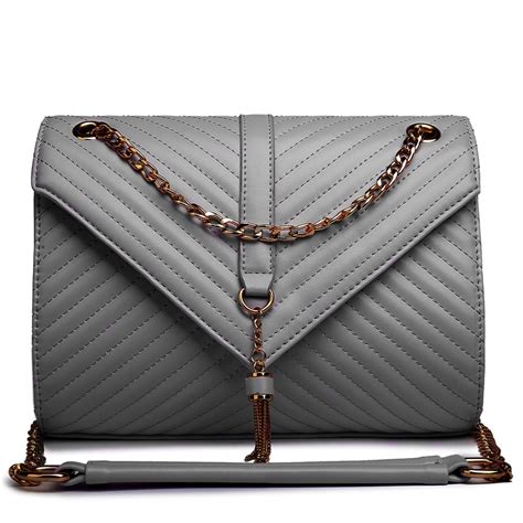E1635 Miss Lulu Leather Look Quilted Chain Shoulder Bag Grey