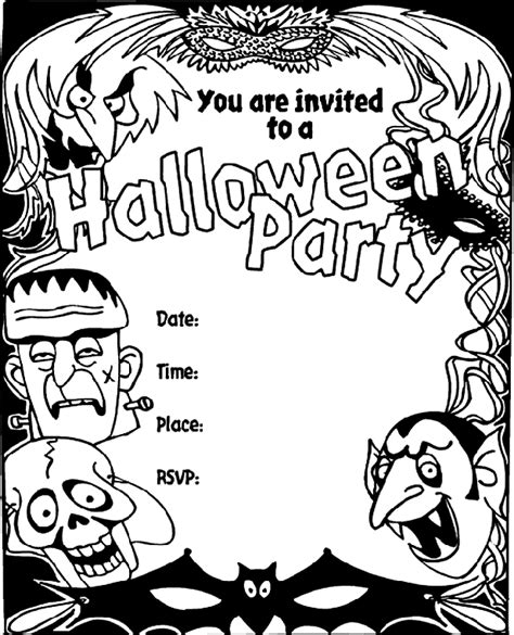 Friendly ghosts with skeletons and grave stones. Halloween Invitation Coloring Page | crayola.com