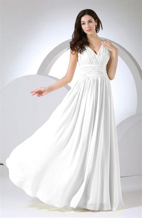 White Party Dress Elegant A Line V Neck Sleeveless Floor Length Ruching Bjsbridal