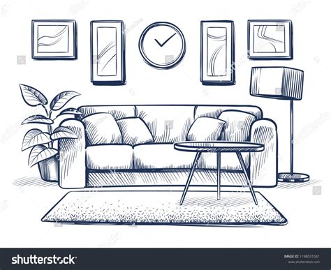 Sketch Interior Doodle Living Room With Sofa Cushions And Picture