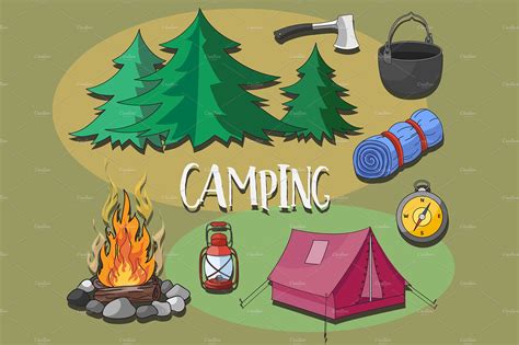 Set Of Camping Equipment Symbols Custom Designed Illustrations