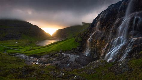 Faroe Islands Waterfall At Sunset Island Country Panorama