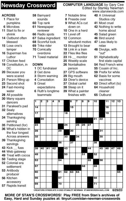 Newsday Crossword Puzzle For Jun 29 2023 By Stanley Newman Creators