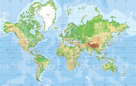 Physical World Map In Mercator Projection Organized Vector World