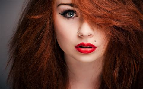 Wallpaper Face Women Redhead Model Portrait Nose Rings Long Hair Blue Eyes Red