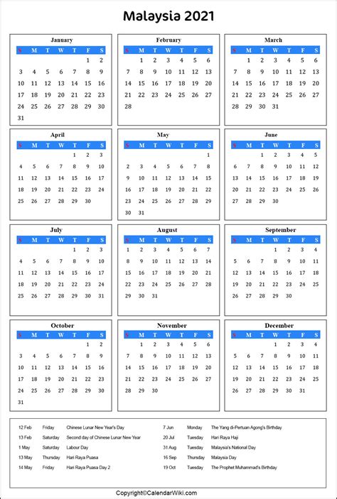 Printable Malaysia Calendar 2021 With Holidays Public
