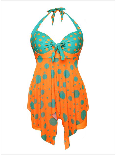 2019 Plus Size Swimwear Orange Blue Polka Dot Print Tankinis Swimsuit