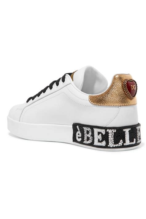 White Womens Dolce And Gabbana Sneakers Appliquéd Embellished Leather