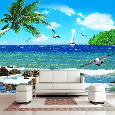 Custom 3d Photo Wallpaper Beach Seawater Palm Seagull Landscape Murals