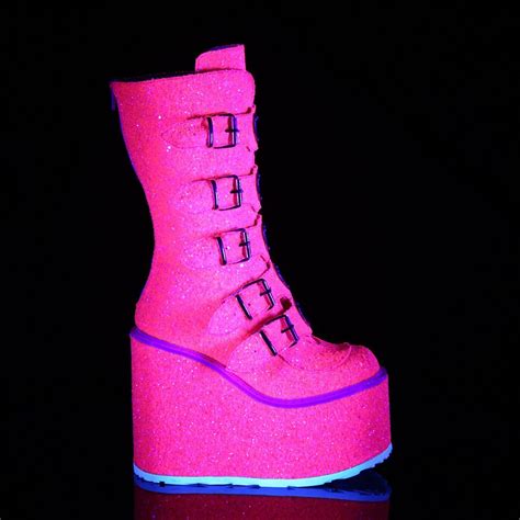 5 Inch Platform Neon Pink Glitter Mid Calf Boots Demonia Swing 230g